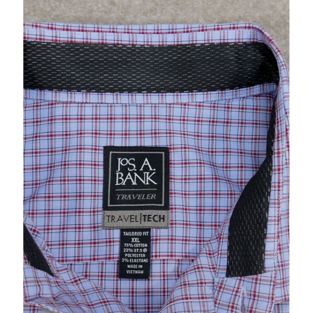 Jos A Bank Travel Tech Shirt Men 2XL Tailored Fit Blue Red Button Up Long Sleeve - Picture 5 of 11
